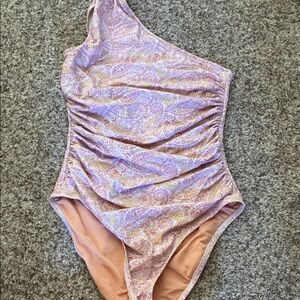 J. Crew Pink and Purple Paisley One-Shoulder One Piece